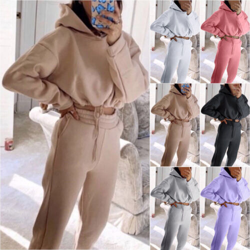 Woman Tracksuit Set Hoodie Drawstring Cropped Top Pants Sport Outfit Activewear↑ - Picture 1 of 18