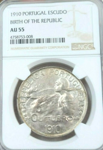 1910 PORTUGAL SILVER 1 ESCUDO BIRTH OF THE REPUBLIC NGC AU 55 SCARCE HIGH GRADE