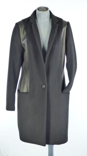 Muubaa Black Coat Real Leather Panels Wool Blend Mid Length Elegant UK 12 - Afbeelding 1 van 9