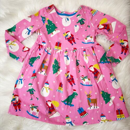 Mini Boden Girls Jersey Dress Long Sleeves Pink Christmas Print Santa Size 2-3Y - Picture 1 of 6