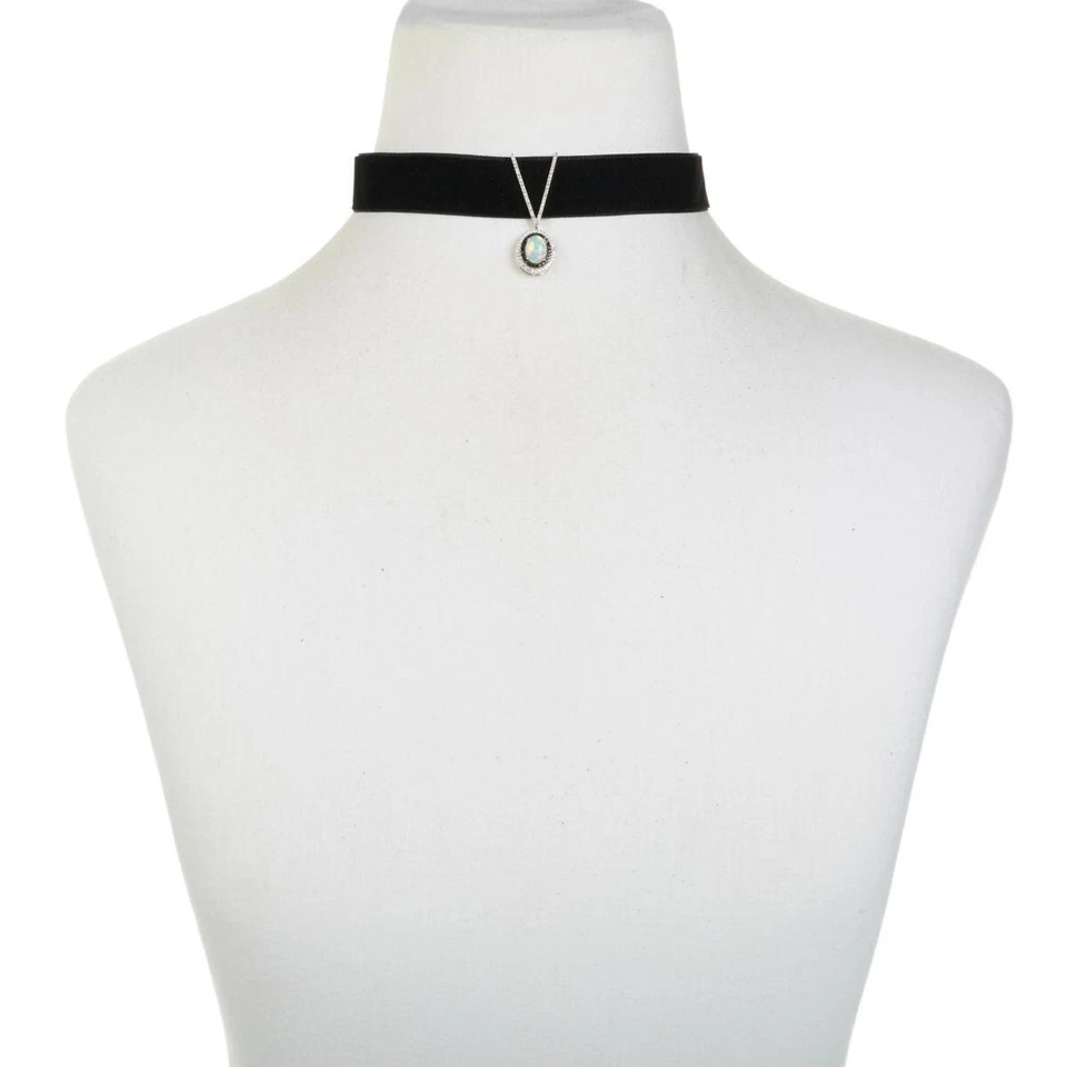 Womens Ethiopian Black Opal, Sterling Silver & Velvet Choker Necklace, New - Imagem 3 de 4