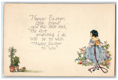 c1910's Happy Easter Girl Flowers Chick Hatched Egg Unposted Antique Postcard