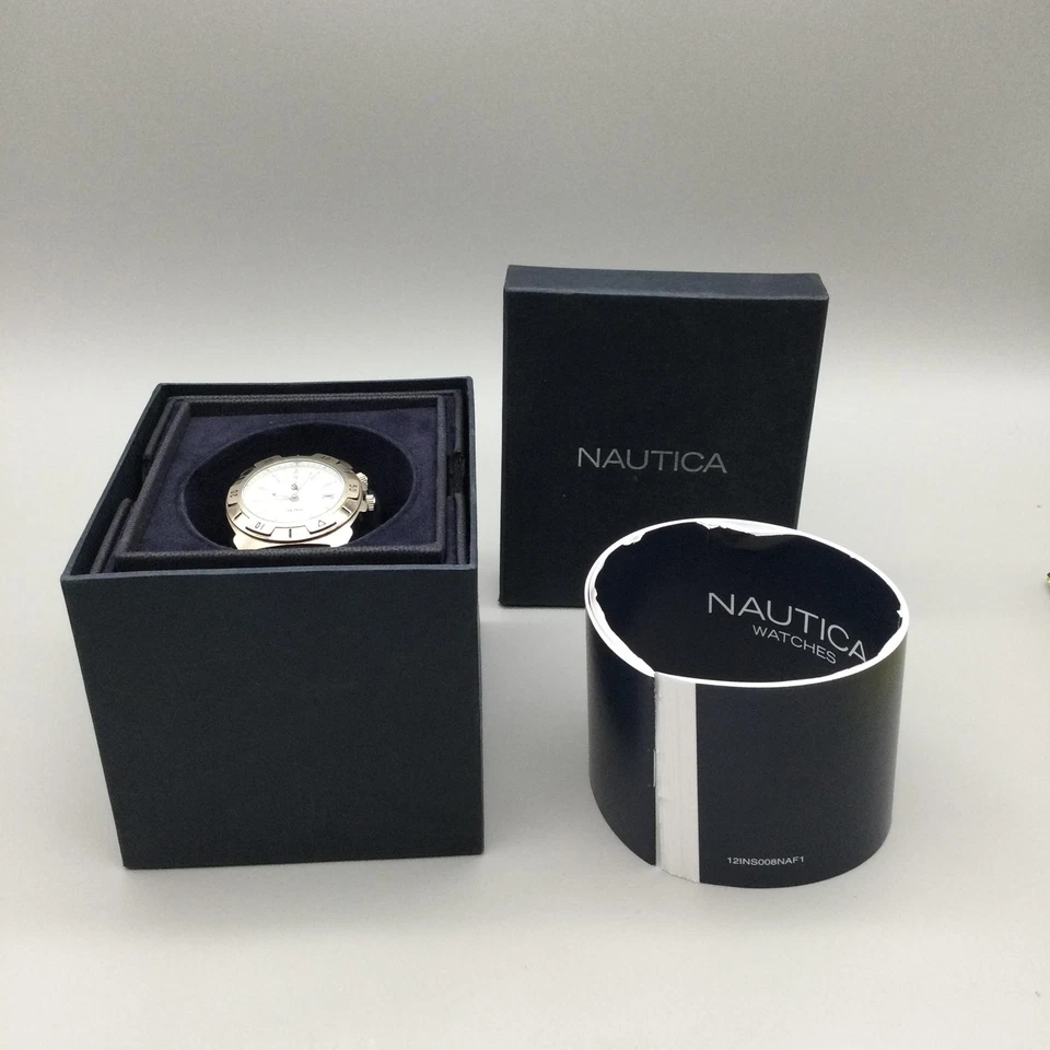 Reloj despertador Nautica para hombre fecha correa de cuero negro en caja batería nueva Foto 2 de 4