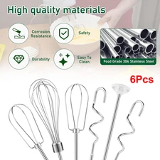 6Pcs Hand Mixer Attachments Beater Whisk Blending Rod and Dough Hooks Stainless