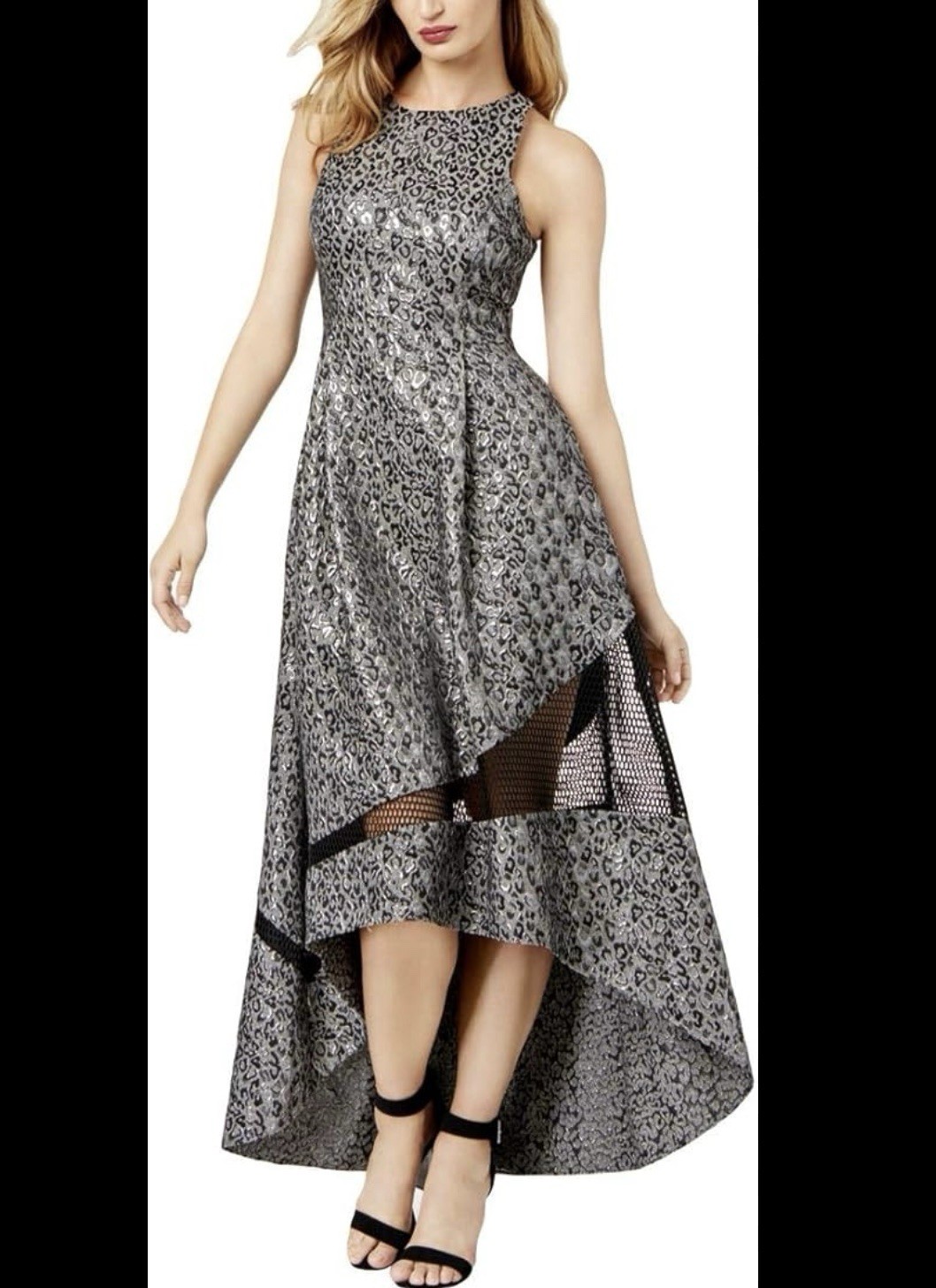 Sachin Babi Dress Size 2 Metallic Silver Black Mesh Inset High Low Evening Gown