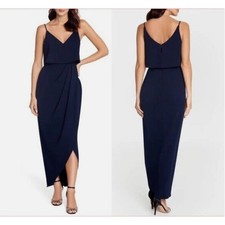 XSCAPE Women's Scuba Crepe Popover Faux Wrap Gown 4 Navy V Neck Sleeveless NWT