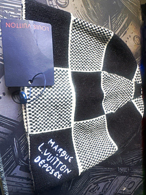 Louis Vuitton Black/White Check Knit Wool Beanie Hat Logo One Size Women