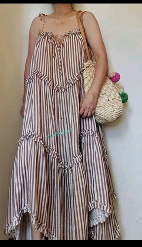 ZIMMERMANN Lumino asymmetric ruffled striped linen midi dress Sz 1 - Picture 1 of 15