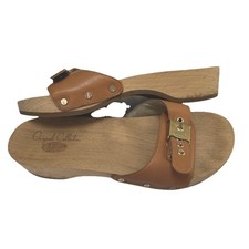 Dr. Scholls Original Collection Bl  Tan Leather Wooden Slip On Sandals Size US 8