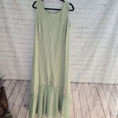Plaza South VTG Y2k Green Floral Embroidery Linen Blend Asymmetrical Fairy Dress