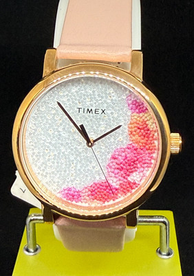 TIMEX TW2U18500 WOMEN'S FULL BLOOM ROSE GOLD PINK LEATHER FLORAL DIAL -UT