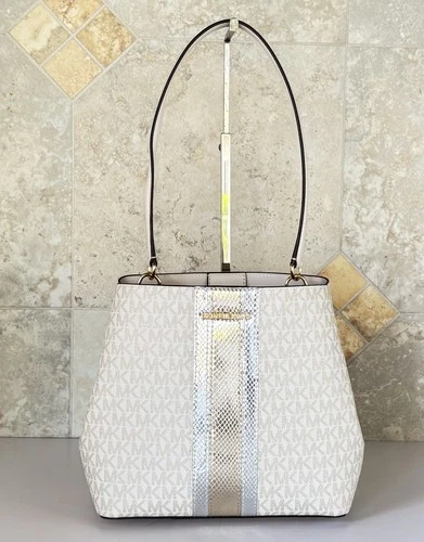 Michael Kors Pratt MD Shoulder Tote Bucket Bag MK Center Stripe Pale Gold Multi