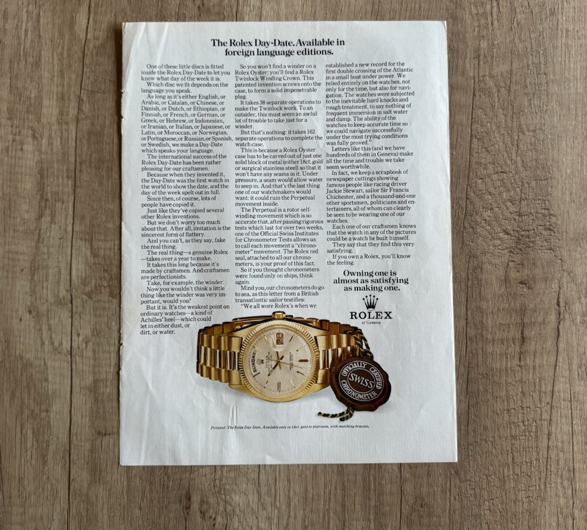 1973 ROLEX OYSTER DAY-DATE PUBBLICITÀ, RITAGLIO GIORNALE OROLOGIO VINTAGE LUSSO
