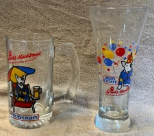 Lot of 2 Vintage 1987 Bud Light Spuds MacKenzie Glasses, Mug & Tall Glass - Wow!