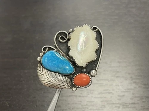 Vintage Turquoise Coral Mother Of Pearl Silver Ring Size 7
