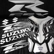 Chrome+Black Tribal Fire Gas/Fuel Tank Pad+3D 8" Logo&Letter+GSXR Emblem Sticker