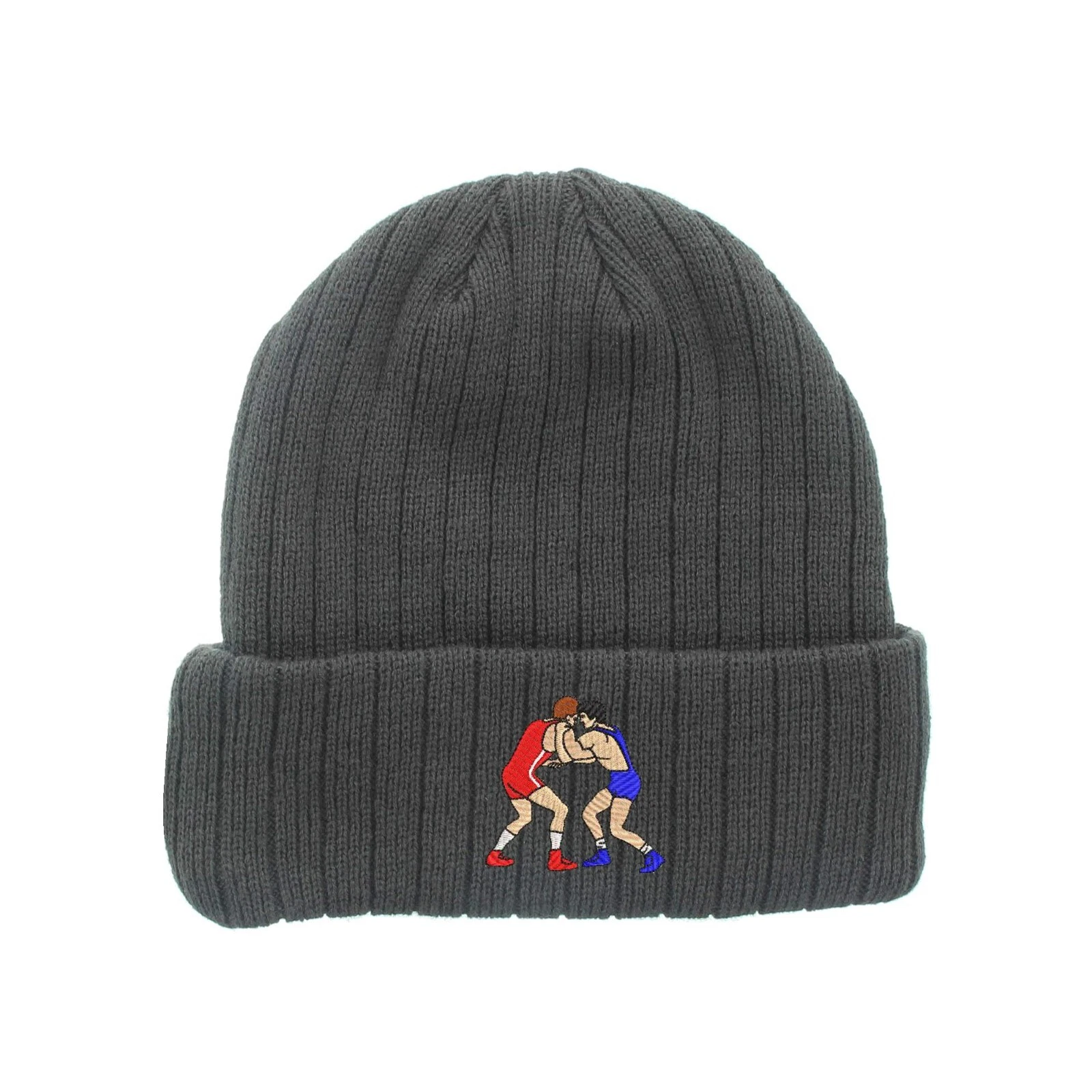 Wrestlers wrestling scene embroidered fleece beanie hat, insulated winter hat