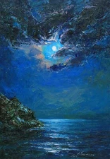 Moon sea Original oil painting IMPRESSIONISM Oil on panel by A. Onipchenko