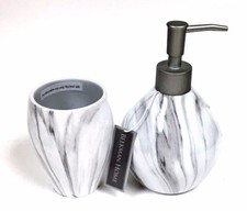 NEW 2 PC SET OFF WHITE+GRAY MARBLE LIKE ACRYLIC,RESIN SOAP DISPENSER+TUMBLER