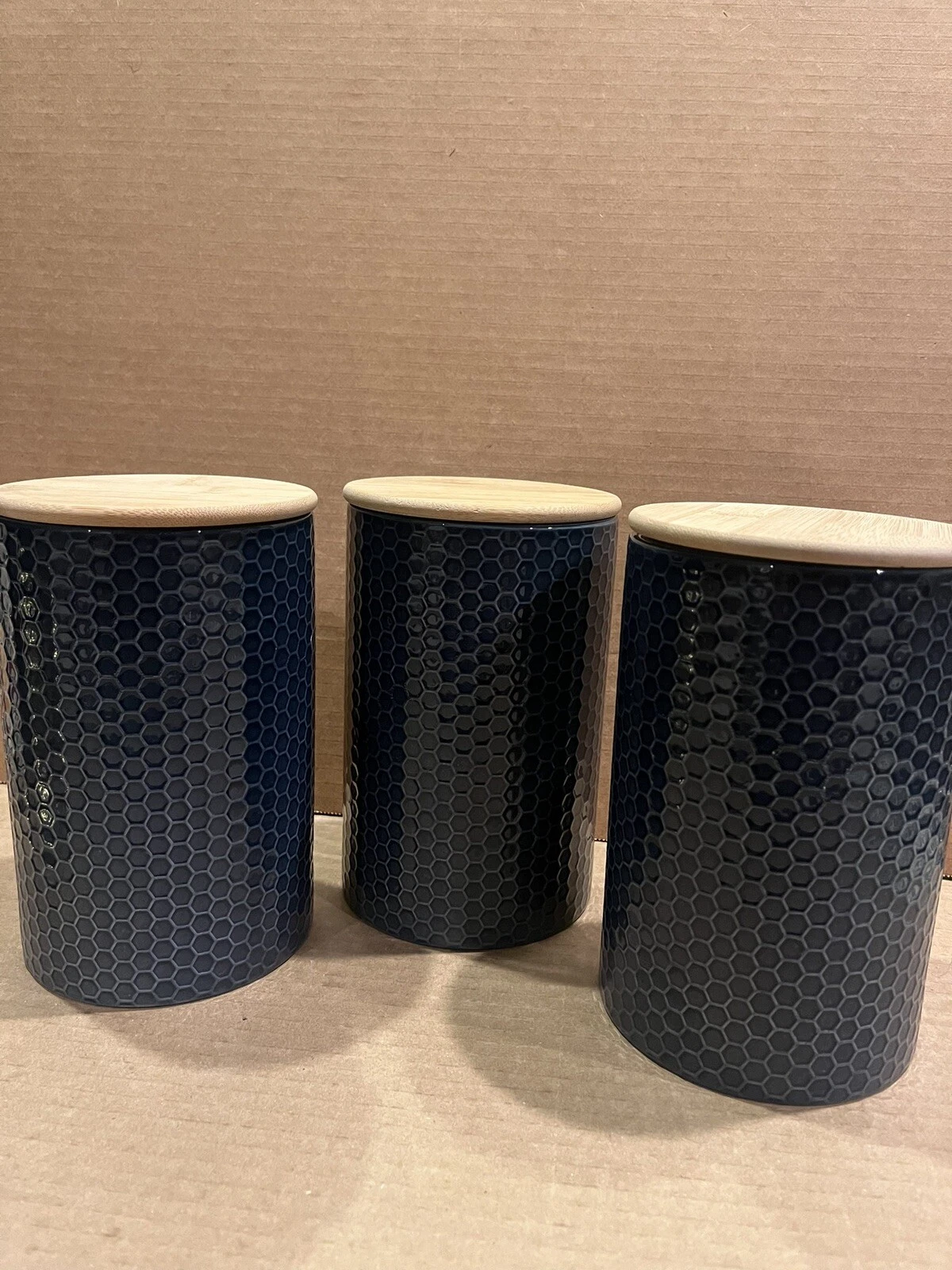 3 CeramicHoneycomb Design Kitchen Canisters with Bamboo Lid Navy Blue QUALITY