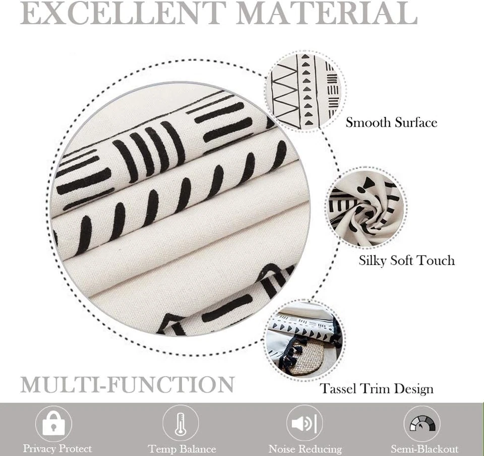 Шторы бохо 2 панели для спальни, черно-белые шторы для гостиной 63 дюйма - Изображение 3 из 4