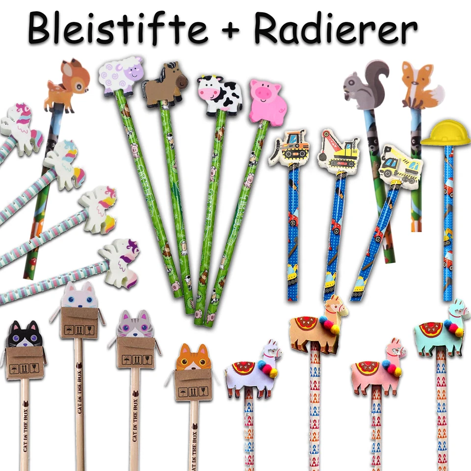 4/12 BLEISTIFTE + RADIERGUMMI Mitgebsel Geschenke Kindergeburtstag Schule Kinder