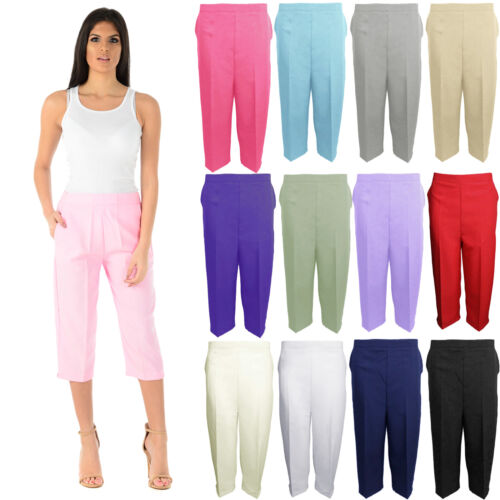 LADIES 3/4 TROUSERS WOMENS THREE QUARTER ELASTICATED WAIST CAPRI CROPPED PANTS - Afbeelding 1 van 37