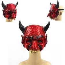 Cosplay Red Demon Teeth Horn Scary Halloween Mask Full Face Party Costume Props