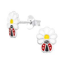 925 Sterling Silver White Daisy Ladybug Flower Kids Stud Earrings Jewellery