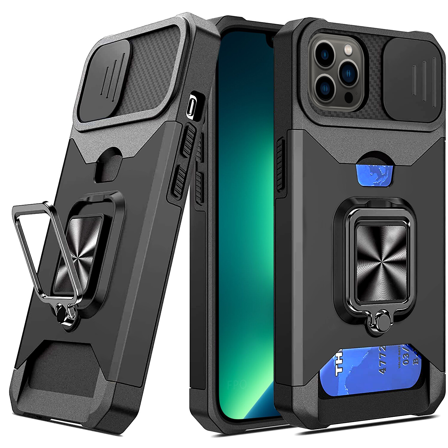 for iPhone 11Pro 13 Pro 14+, Armor Kickstand Case with Camera Cover & Card Slot