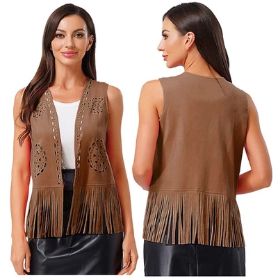 MARKENLOS DE Wildleder Weste Fransen Damen Cowboy Cowgirl Weste Ärmellos Jacke Halloween