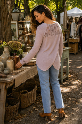 Lucky Brand Medium Blush Waffle Knit Crochet Back Panel Top Boho Relaxed Soft