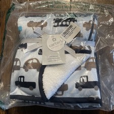 NEW Carter's Blue Fleece Baby Blanket Vehicles Car Trucks White Velour Sherpa