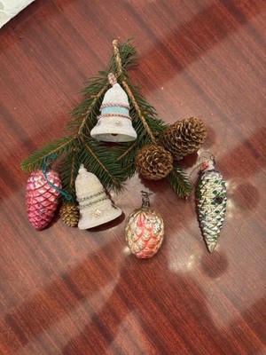 Mixed Lot of Antique Christmas Decorations, 2x Cotton Bells & Pine Cones #2