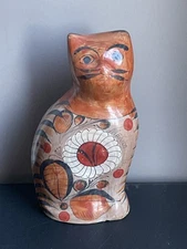 Vintage Tonala Mexican Pottery Cat Burnt Orange Floral Mexico 8" Tall