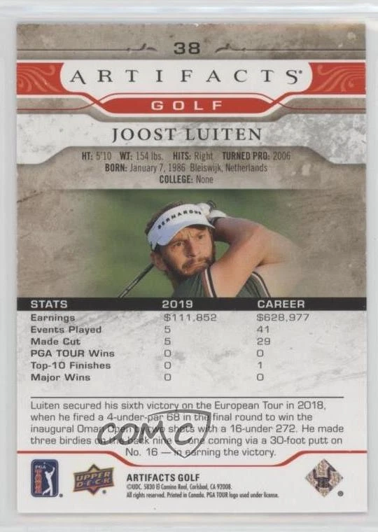 2021 Upper Deck Artifacts Red /249 Joost Luiten #38 Rookie RC - Image 2 of 2