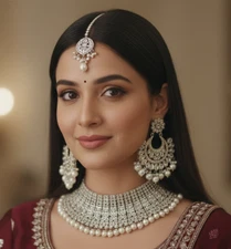 sk 87 Silver Tone Kundan Pearl Choker Set Earrings Maang Tikka Indian Bridal