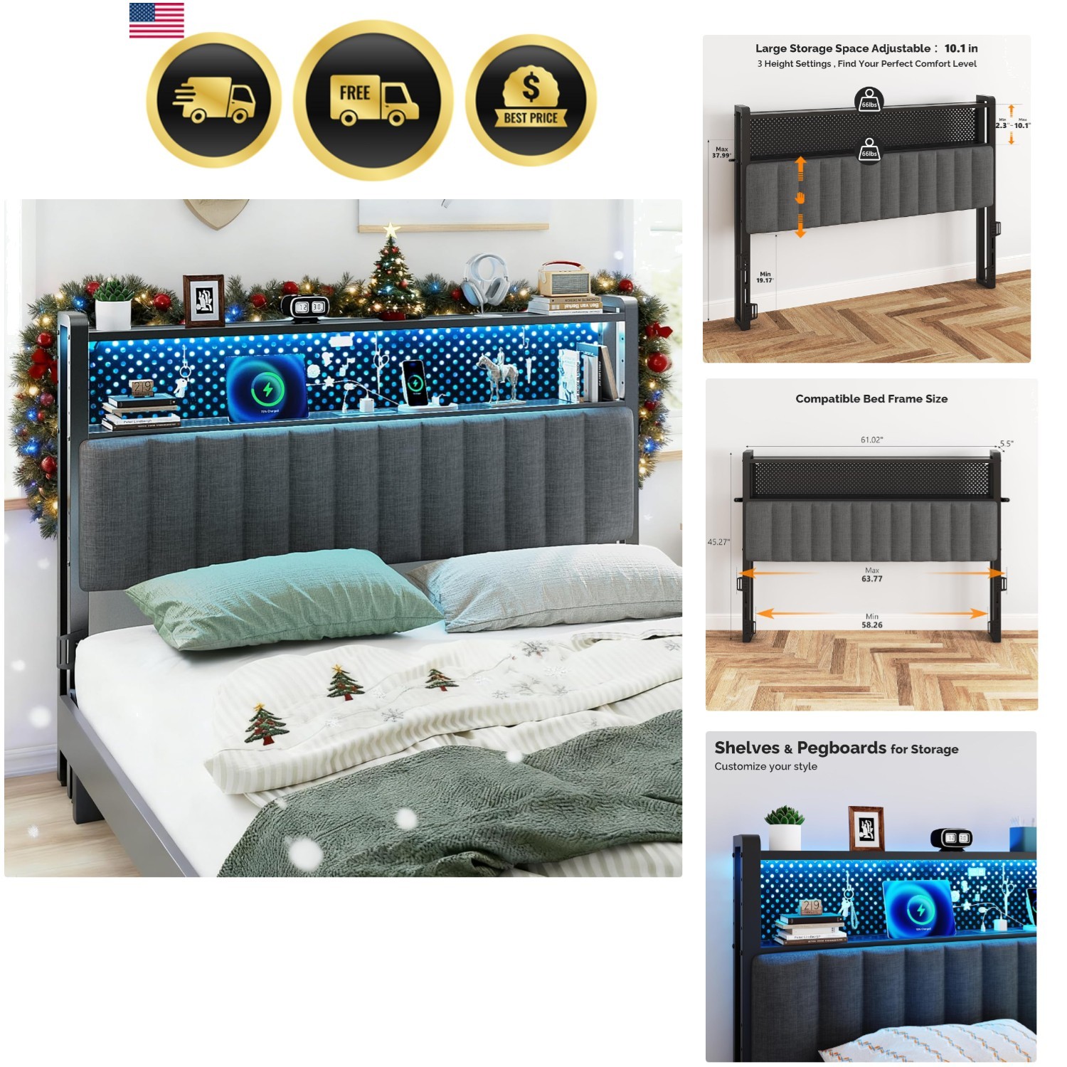 Queen Headboard Adjustable Upholstered Storage Bed with LED Lights and Chargi...-image