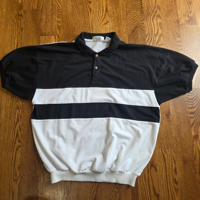 #ad Vtg The Mens Store At Sears Black White Stripe Short Sleeve Polo Shirt Size L $24.99