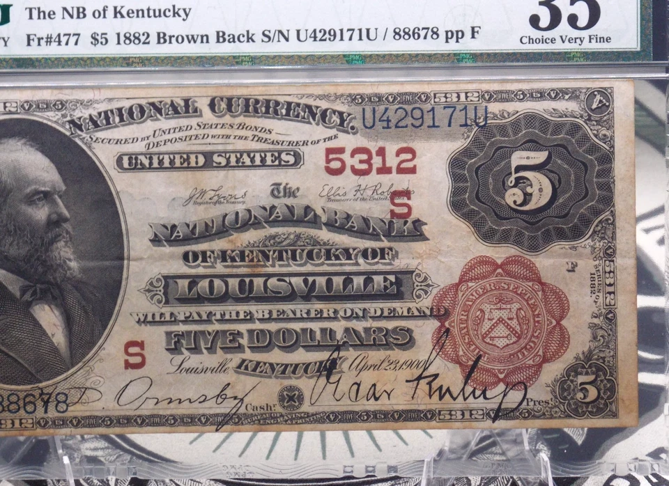 1882 $5 National Brown Back Bank Note *LOUISVILLE* KY Fr#477 PMG VF35 CH#5312 - Image 3 of 4