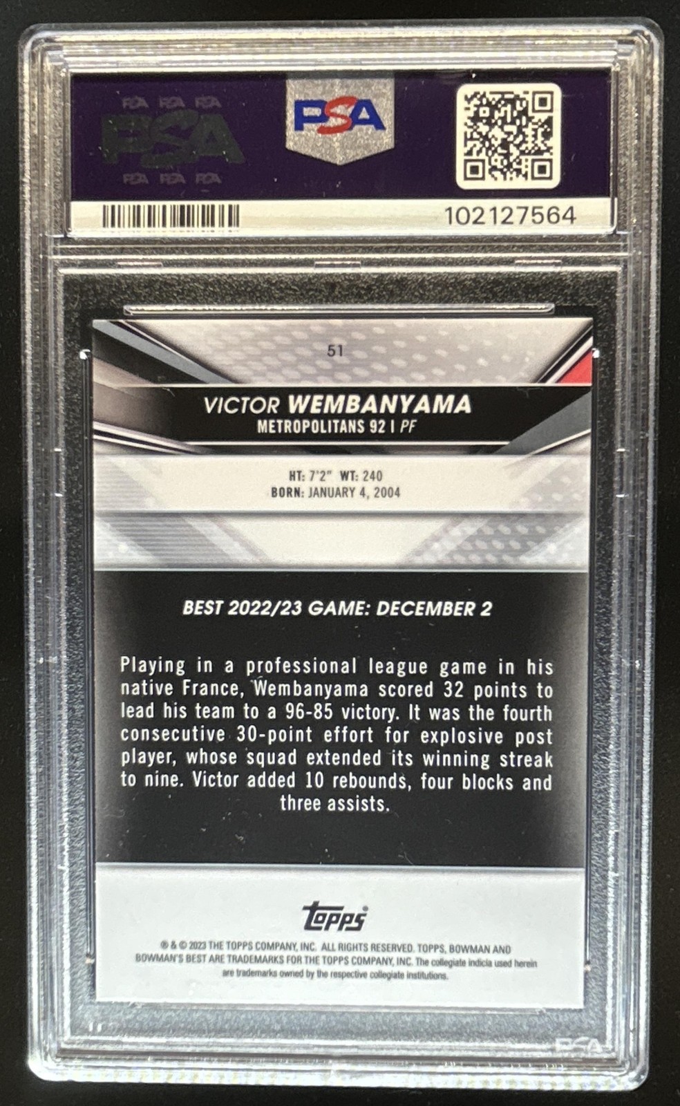 2022-23 Bowman University Best Victor Wembanyama #51 PSA 8 view 2