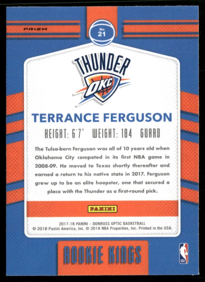 Terrance Ferguson 2017-18 Donruss Optic Rookie Kings Purple #21 Thunder - Image 2 of 2