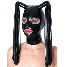 Black Latex Hood Back Zipper with Double Latex Wigs for Performance Rubber Mask