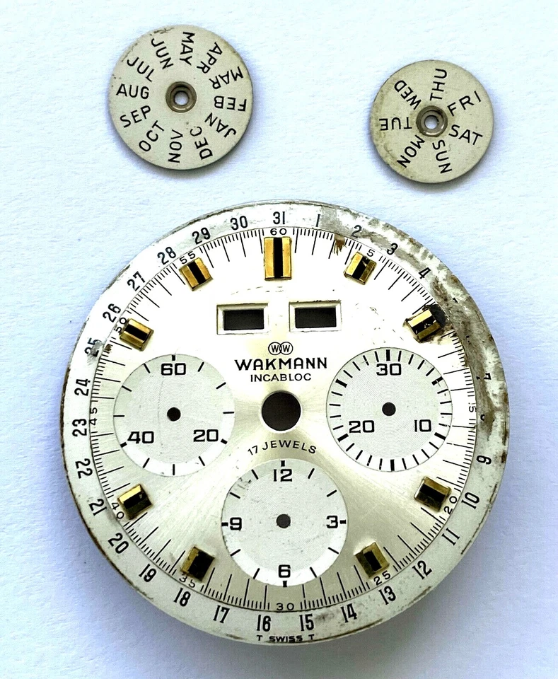 Reloj cronógrafo Wakmann vintage repuestos triple esfera blanca 32,5 mm fecha día Foto 2 de 4