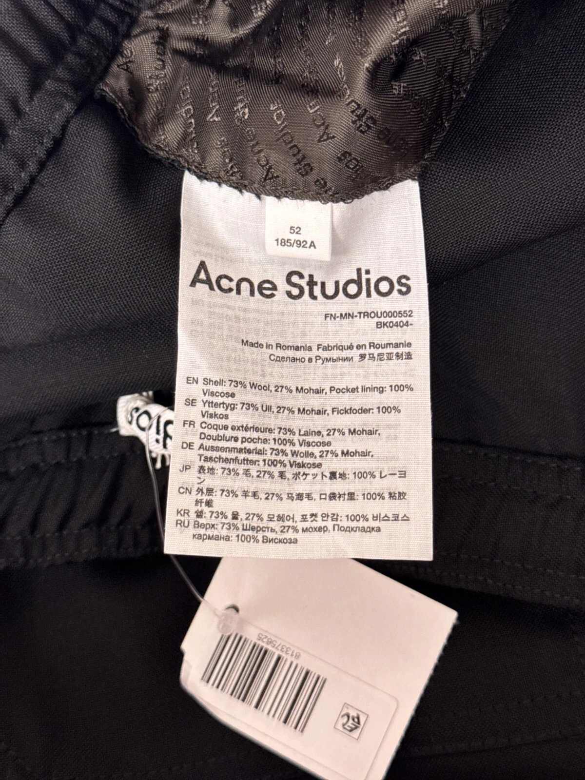 Nuovi pantaloni Acne Studios 52 US XL da uomo neri in misto lana pantaloni tuta larghi