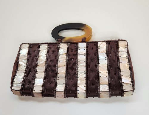 Mad Bags Beaded Mother of Pearl & Natural Horn Handles Purse, Bag Clutch - Picture 5 of 14