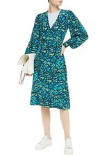 GANNI Floral Wrap Dress Blue Crepe de Chine Summer Holiday FR38 AU10