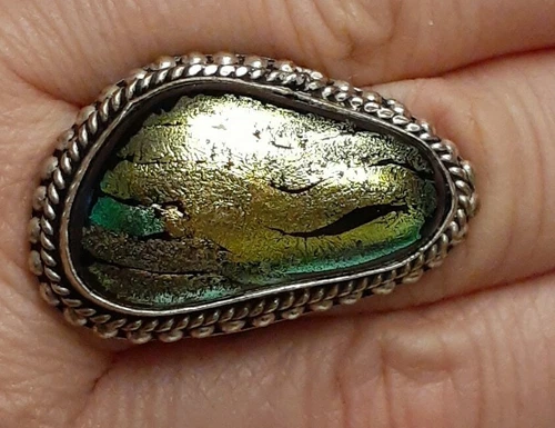 Vintage Fine Silver Dichloric metallic Glass Ring Size 7.5