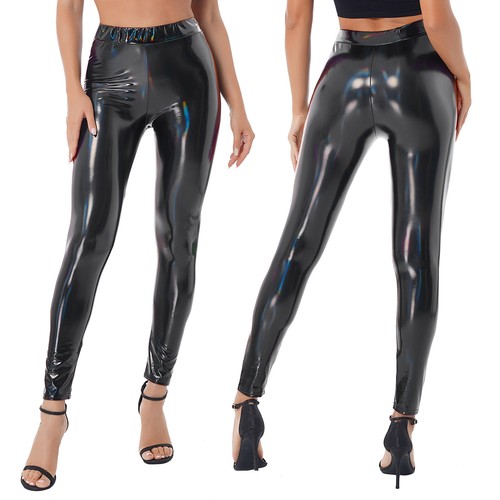 Damen Wet Look Lackleder Offener Schritt Hose High Rise Lederhose Sexy Clubwear - Picture 28 of 40