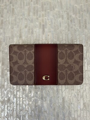 Coach Slim Wallet In Signature Canvas and refined calf leather Brass/Tan/Rust